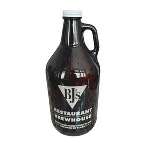 BJ'S BREWHOUSE || AMBER WITH WHITE PRINT || GLASS GROWLER JUG 64 FL OZ